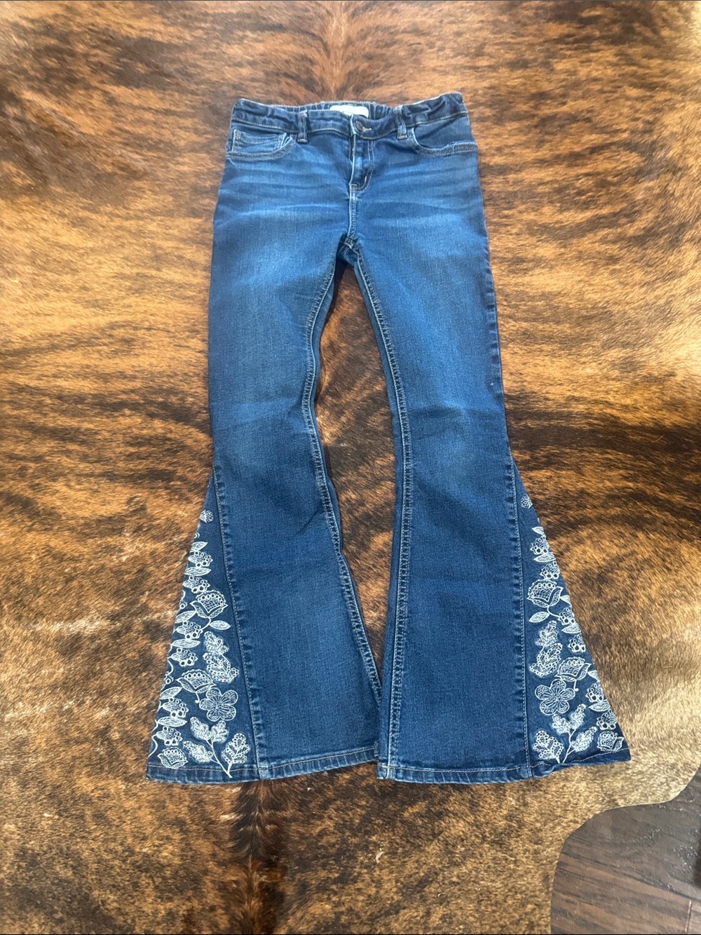 Shyanne Dark Blue Flare Jeans with White Floral Embroidery